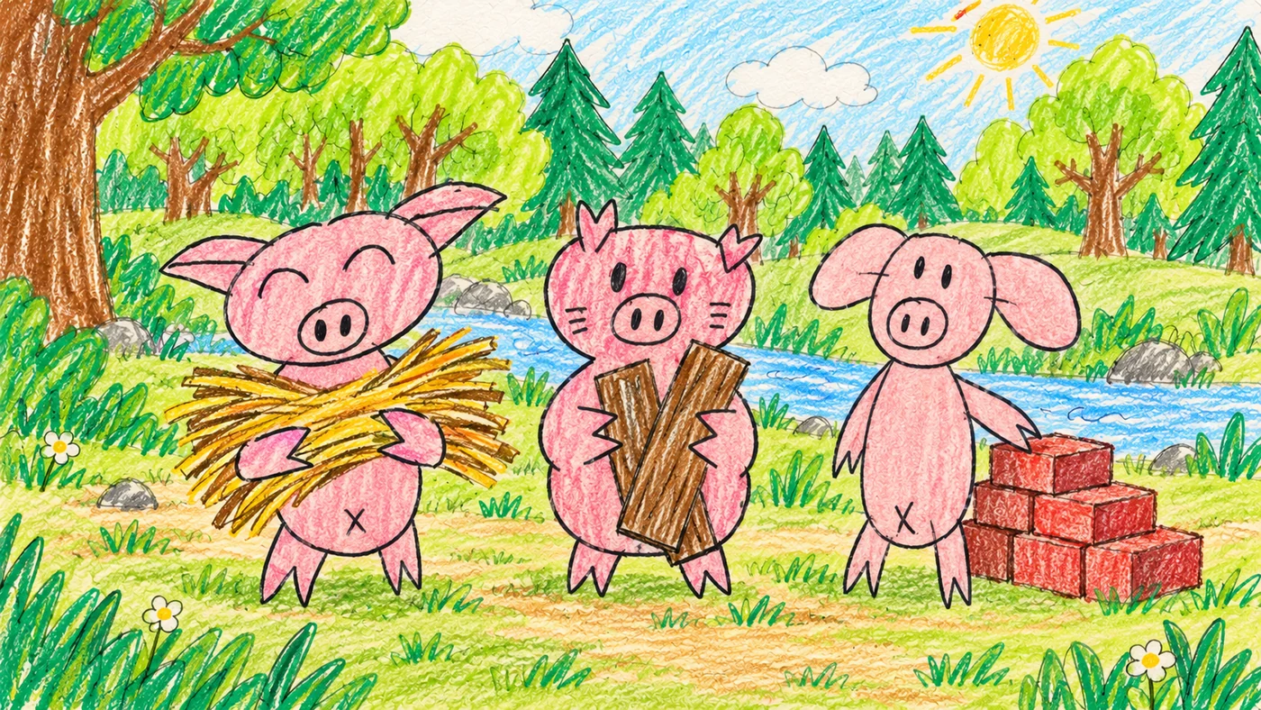 依投稿角色延伸的故事插圖:三隻小豬準備蓋屋