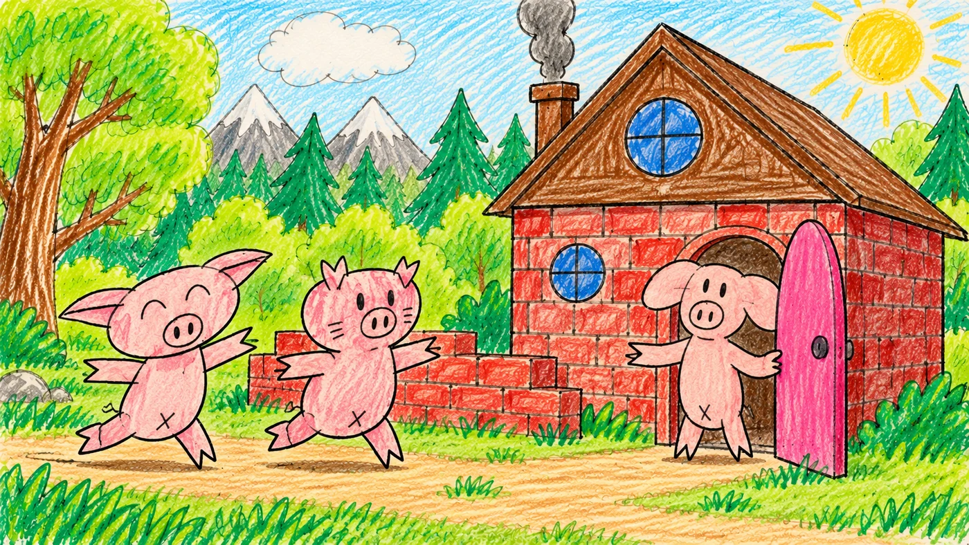 故事插圖:小豬打開門讓兩位哥哥進屋